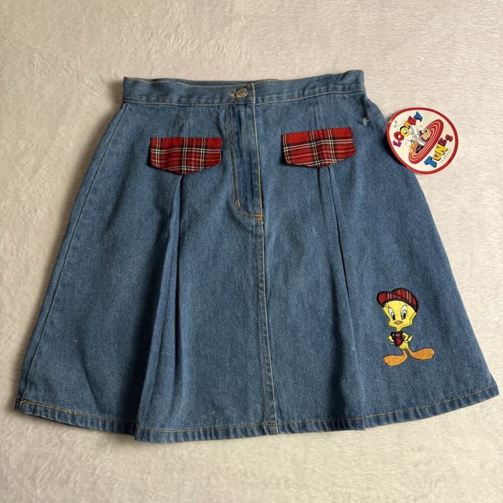 Vintage 90s Looney Tunes Tweety bird Denim jean Skirt Girls youth Size 14 Large